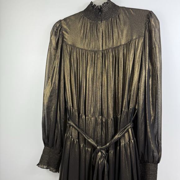 Smocked Tiered Alex Marie Gold Metallic High Neck Maxi Dress Size 10 Holiday - Picture 14 of 16